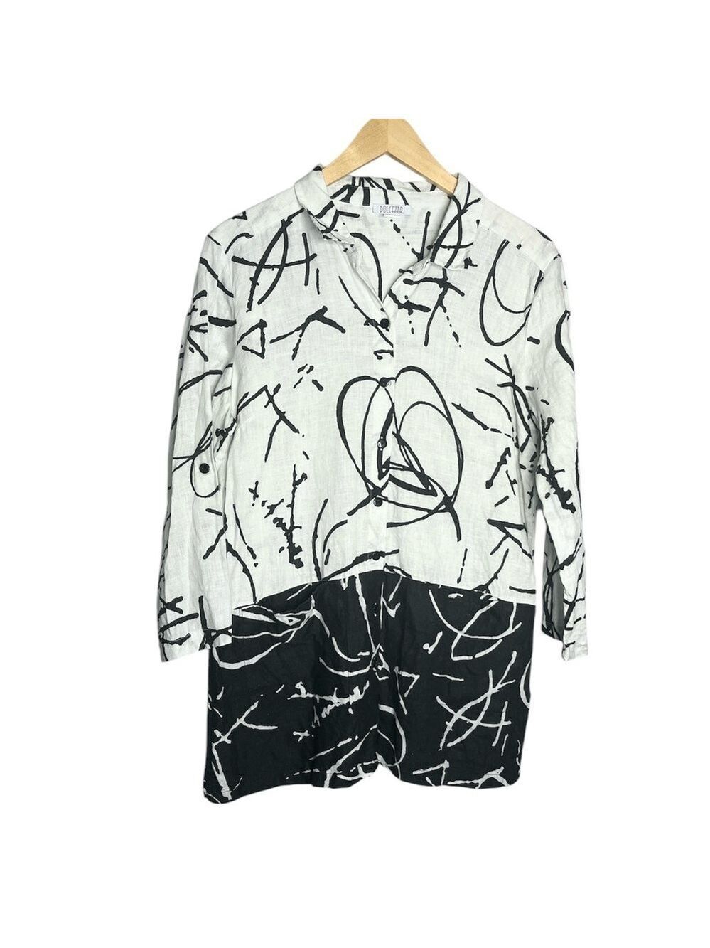Dolcezza 100% Linen Mixed Print Abstract Button Front Tunic Top 3/4 Sleeve, M